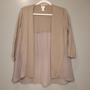 Chico's Knit And Mesh Sheer Open Front Cardigan 3/4 Sleeves, Khaki Green